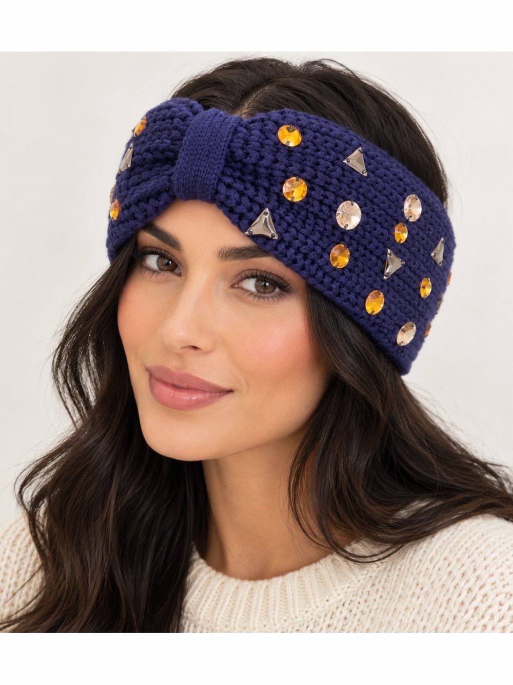 Anthropologie Misha Navy Crystal Embellished Bow Headband Ear Warmer Winter Chic